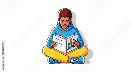 A young boy sits cross legged intently reading a book with a colorful illustration a striking silhouette high quality professional detailed modern