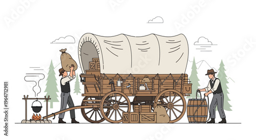 A vintage illustration depicts a covered wagon and pioneers with a cooking fire capturing a western journey silhouette high quality professional