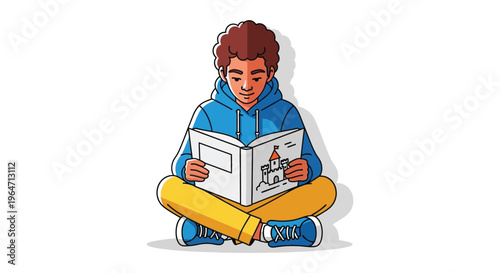 A young boy sits cross legged deeply engrossed in reading a book with a castle illustration silhouette high quality professional detailed modern
