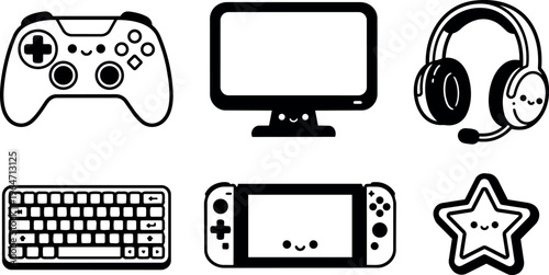 Cute kawaii video game controller monitor headset keyboard handheld console and star icons
