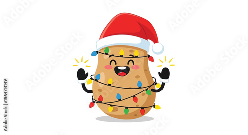 A cheerful potato character wearing a santa hat and string lights displays holiday joy a playful silhouette high quality professional detailed