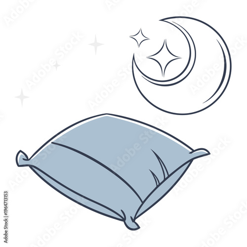 Light blue pillow and crescent moon with stars night sleep