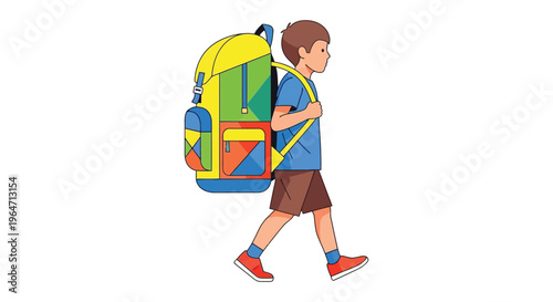 A young boy walks with a bright colorful backpack on his shoulders viewed from the side silhouette high quality professional detailed