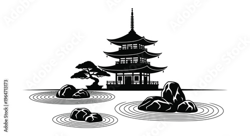A striking black silhouette of a traditional japanese pagoda surrounded by rocks and water features silhouette high quality professional detailed modern
