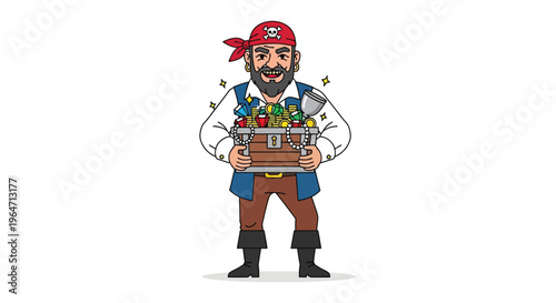 A cheerful pirate character stands proudly with a treasure chest filled with jewels a striking silhouette high quality professional detailed modern