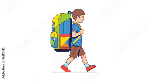 A young boy cheerfully walks with a large colorful backpack on his back depicted as a silhouette high quality professional detailed