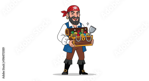A cheerful cartoon pirate stands with a treasure chest overflowing with gold and jewels a distinctive silhouette high quality professional detailed