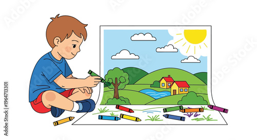 A young boy happily draws a colorful landscape with crayons showcasing creativity and imagination silhouette high quality professional detailed modern elegant
