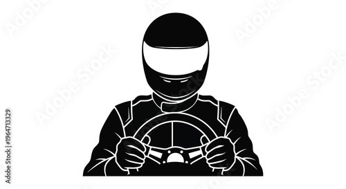 A stark black silhouette depicts a racing driver gripping a steering wheel with intense focus silhouette high quality professional detailed modern