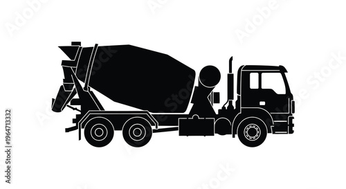 A stark black silhouette depicts a concrete mixer truck in profile highlighting its industrial design silhouette high quality professional detailed modern