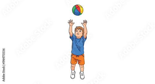 A young boy in a blue shirt and orange shorts reaches for a colorful airborne ball a silhouette high quality
