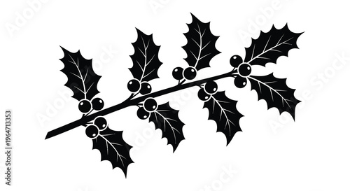 A striking black silhouette of a holly branch with leaves and berries creating a festive holiday scene silhouette high quality professional
