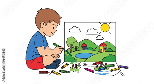 A young boy seated intently drawing a colorful landscape with crayons capturing a moment of childhood creativity silhouette high quality professional