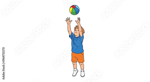 A young boy in a blue shirt reaches for a colorful beach ball against a white backdrop silhouette high quality professional