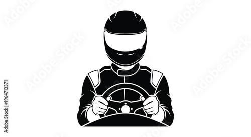 A striking black silhouette depicts a racer with a helmet and steering wheel focused on speed and competition silhouette high quality