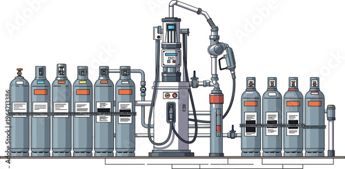 Industrial gas cylinder tank set with air compressor pump and pressure pipes for oxygen nitrogen and fuel storage designs
