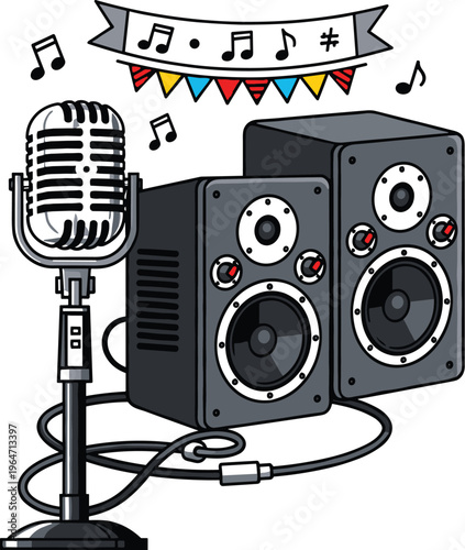 Vintage retro microphone and studio monitor speakers with musical notes and party bunting for audio production and concert event,