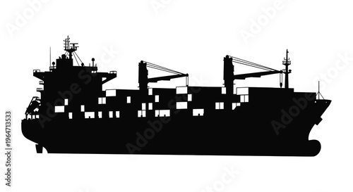A stark black silhouette of a large container ship at sea showcasing its industrial design silhouette high quality professional detailed modern