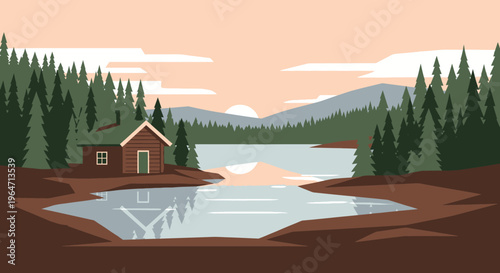 Serene Scandinavian lake with red cabin nestled amongst pine forest, reflecting in calm water at sunset