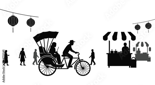 A black silhouette depicts a bustling street scene with a rickshaw market stalls and pedestrians silhouette high quality professional detailed modern