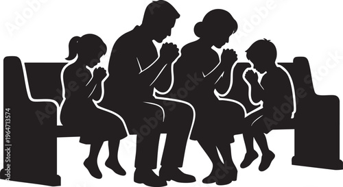 Faithful family praying together on a pew, illustrating a moment of spiritual connection and devotion