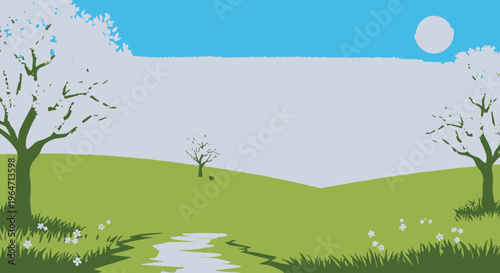 Vibrant spring landscape with blooming pink cherry blossom trees and rolling green hills under a bright sunny sky.