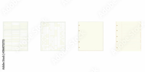 Four variations of lined and gridded paper sheets displayed side by side