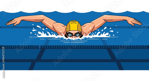 A cartoon swimmer powerfully strokes through blue water showcasing dynamic movement and an athletic form silhouette high quality professional detailed modern