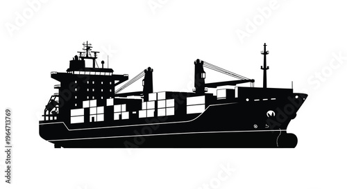 A striking black silhouette depicts a large cargo ship on calm waters showcasing maritime transport silhouette high quality professional detailed modern