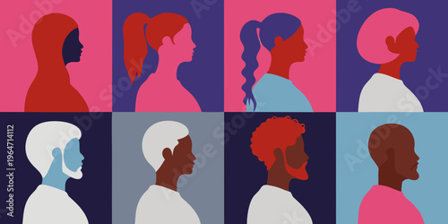 Diverse group of people depicted in a colorful stylized profile illustration