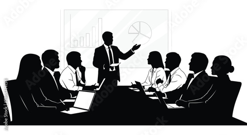 A business meeting is in progress featuring a presenter and attendees around a conference table silhouette high quality professional detailed modern