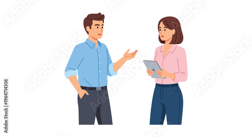 A man and a woman are engaged in conversation with the man gesturing while the woman holds a tablet silhouette