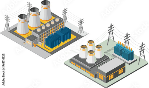 Isometric 3D Illustration of a Power Plant with Cooling Towers and Electrical Grid