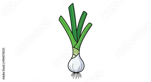 A cartoon illustration depicts a vibrant green spring onion with white bulb and roots a bold silhouette high quality professional detailed