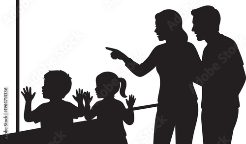 Captivated family silhouette observing a compelling display, fostering curiosity and shared learning adventure