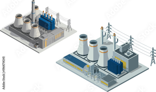 Isometric 3D Illustration of a Power Plant with Cooling Towers and Electrical Grid