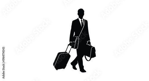 A sharply dressed businessman walks with a suitcase and briefcase presenting a classic silhouette high quality professional detailed modern elegant stylish