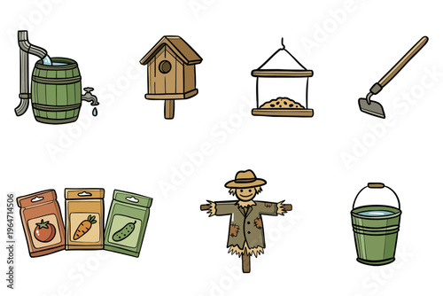 Garden Tools and Farming Icons Set Scarecrow Water Barrel Seeds Birdhouse Hoe Bucket Illustration