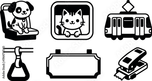 Black and white vector icons of dog on seat cat in window tram ticket and stapler