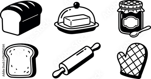 Black and white bread butter jam rolling pin oven mitt line art vector