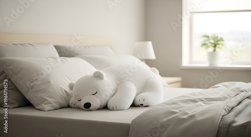 Cozy Minimalist Bedroom with White Bear Plush Toy on Bed