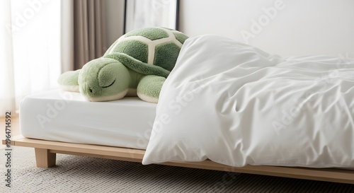 Cute Green Turtle Plush Toy on Bed in Minimalist Bedroom