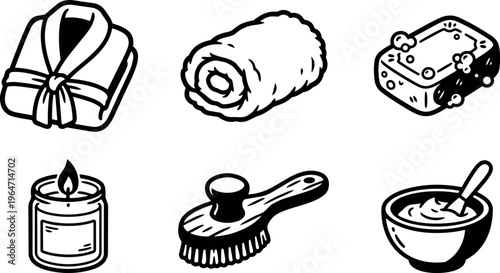 Black and white line art spa bathrobe towel soap candle brush cream set