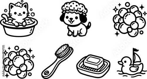 Cute cat in bubble bath with dog wearing shower cap and bath items line art