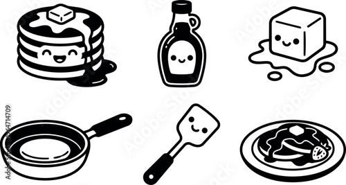 Black and white cute pancake stack syrup butter frying pan and spatula vector art