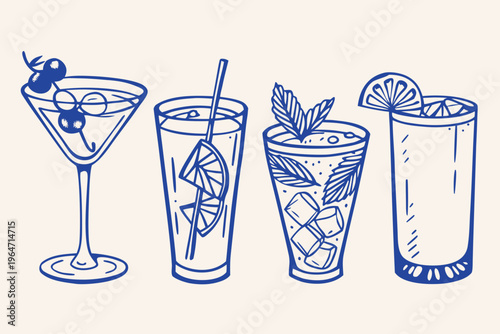 Four cocktail illustrations a martini highball and two variations