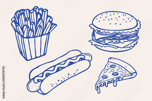 A hand drawn collection of fast food items burger fries hotdog and pizza