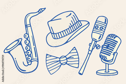 Vintage musical instruments and accessories in a hand drawn style