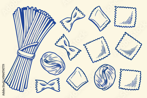 Hand drawn illustration of various pasta shapes in blue sketch style