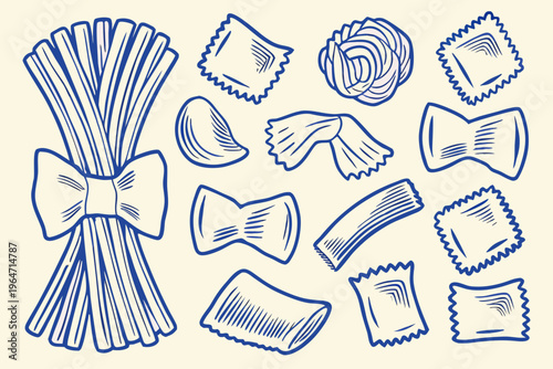 A collection of various pasta shapes sketched in a blue line art style